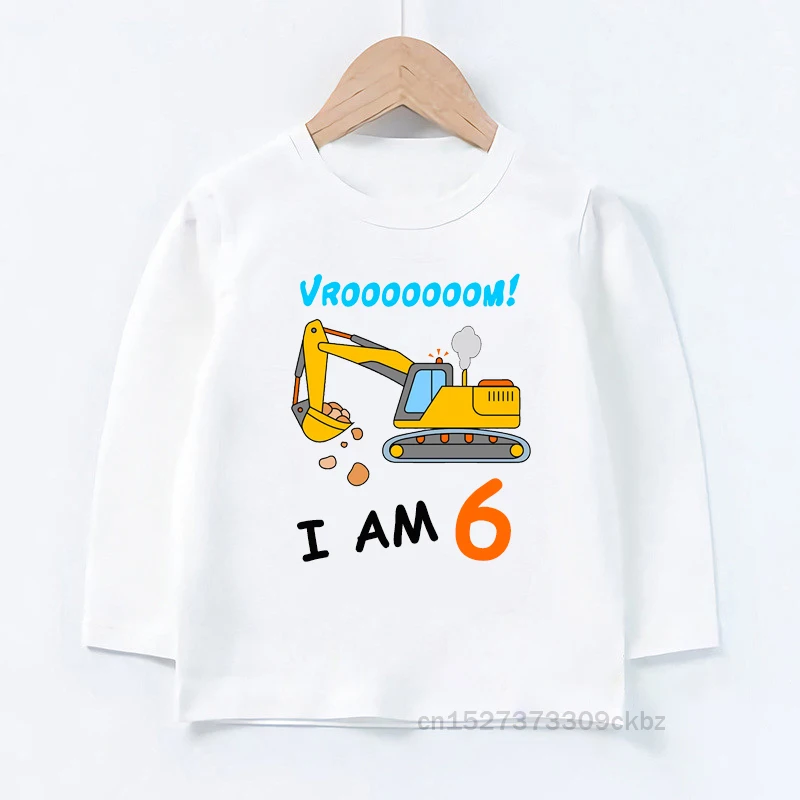 

1-9 Years Excavator Birthday Boys Summer Long Sleeve Kids Happy Birthday Girl Funny Children Clothes Gift