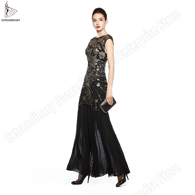 Women Long Dresses Elegant Art Deco Double Vintage Great Gatsby Party Dress V Back Beaded Sequin Flower Sleeveless Embellished