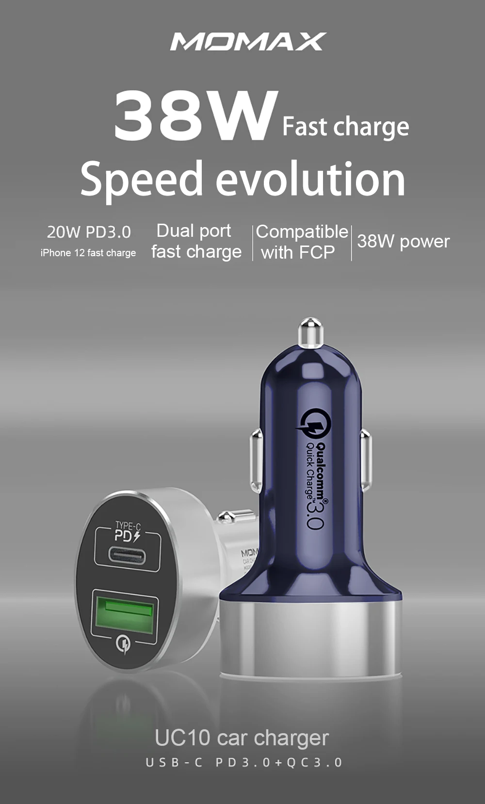 Momax Car Charger QC3.0 PD One For Two Car Cigarette Lighter Head Mobile Phone Dual Fast Charging Car Charger