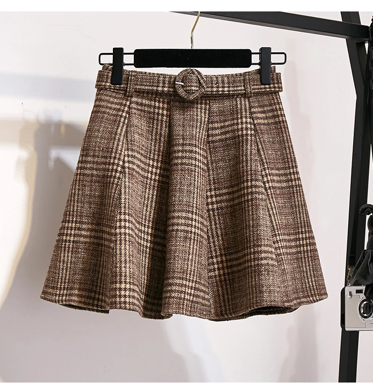 Khaki skirt Осень-зима, Женский Свободный Повседневный вязаный Топ с длинным рукавом+ клетчатая мини шерстяная юбка с высокой талией, комплект из двух предметов - Цвет: Khaki skirt