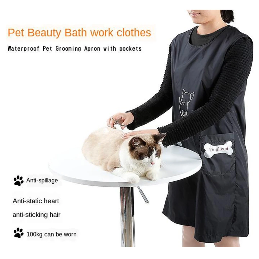 Waterproof Apron Anti-stain Pet Grooming Smock Bib for Professional Dog Groomers, Black