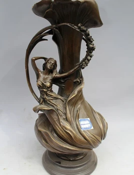 

15"Western Art sculpture Pure Bronze Marble Angell Girl Flower Vase Statue