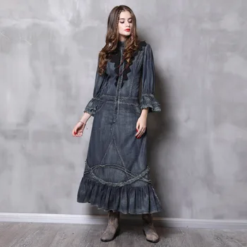 

Women 100% cotton Slim ruffles stitching Denim Dresses female retro denim dress good quality longer 2019 autumn fashion brand