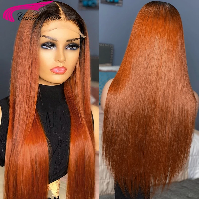 Ombre Ginger 13x4 Lace Front Human Hair Wigs For Women 180% Orange Ginger Straight Remy Brazilian Lace Front Wig Pre Plucked