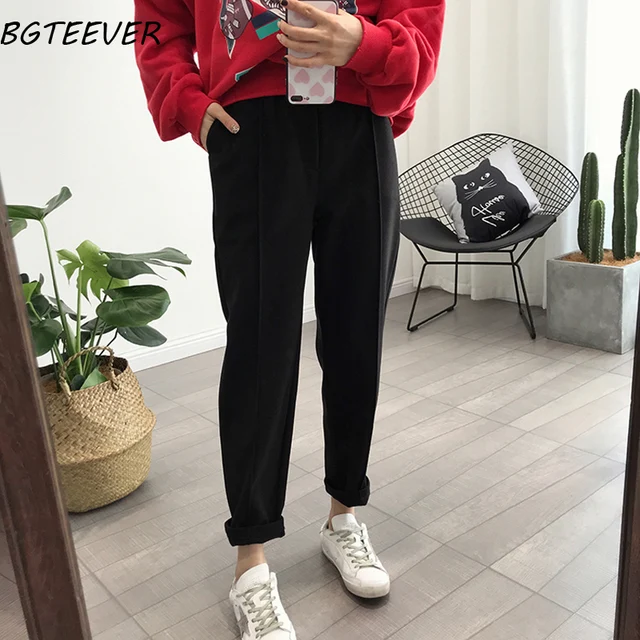 BGTEEVER Winter Thicken Women Pencil Pants Wool Pants Female Autumn High Waist Loose Trousers Capris Soft Good Fabric black