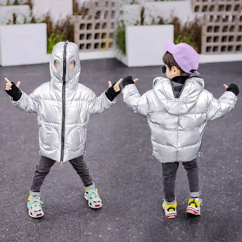 Japanese Ultra man Style Kids Winter Coat Boys Hooded Down Cotton Thick Jacket Girls Golden Silvery Loose Coats Children Clothes