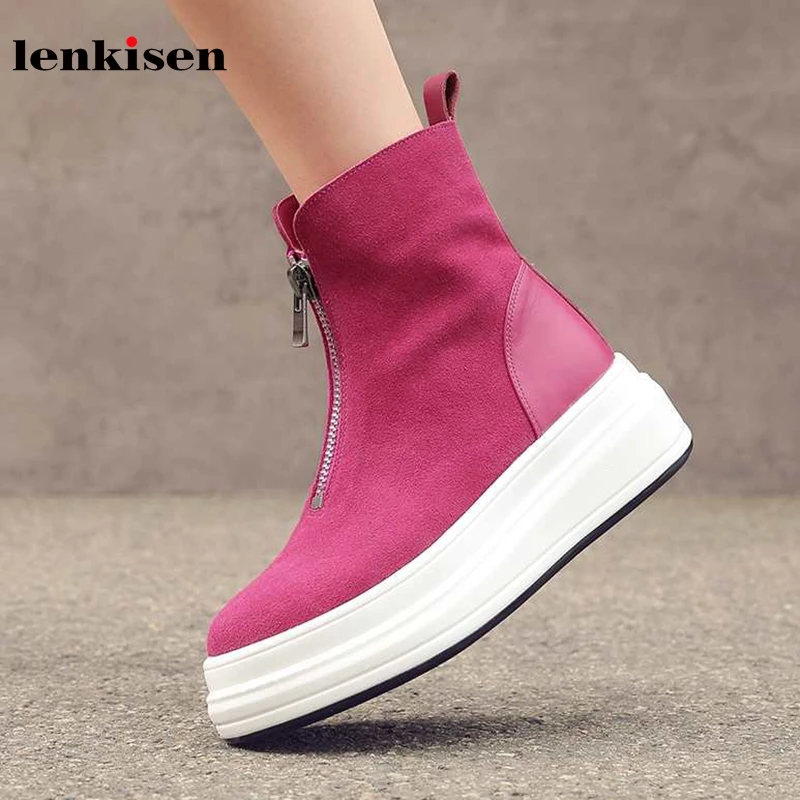

Lenkisen cow suede simple style leisure solid daily wear high heels thick bottom zipper winter keep warm women ankle boots L2f1
