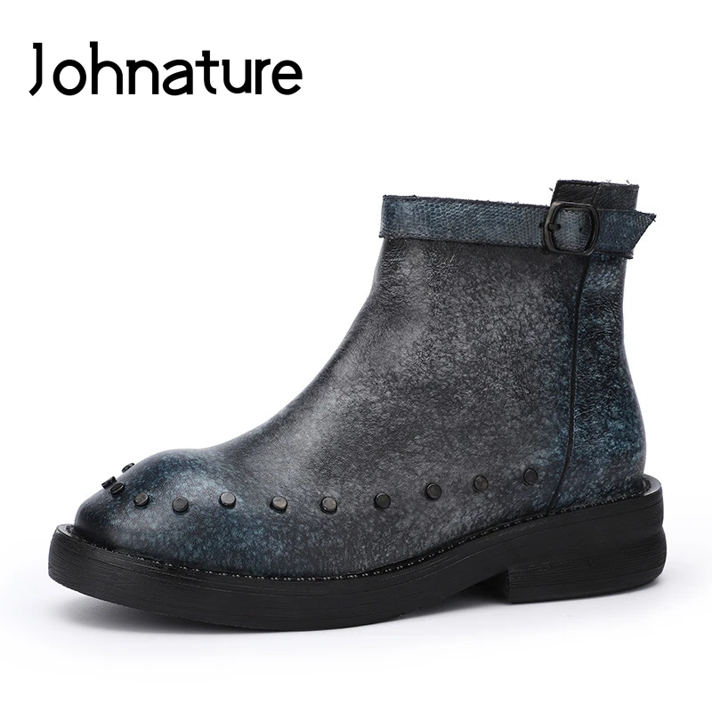 

Johnature 2019 New Autumn Winter Retro Genuine Leather Women Shoes Ankle Boots Round Toe Zipper Hand-painted Rivet Women Boots