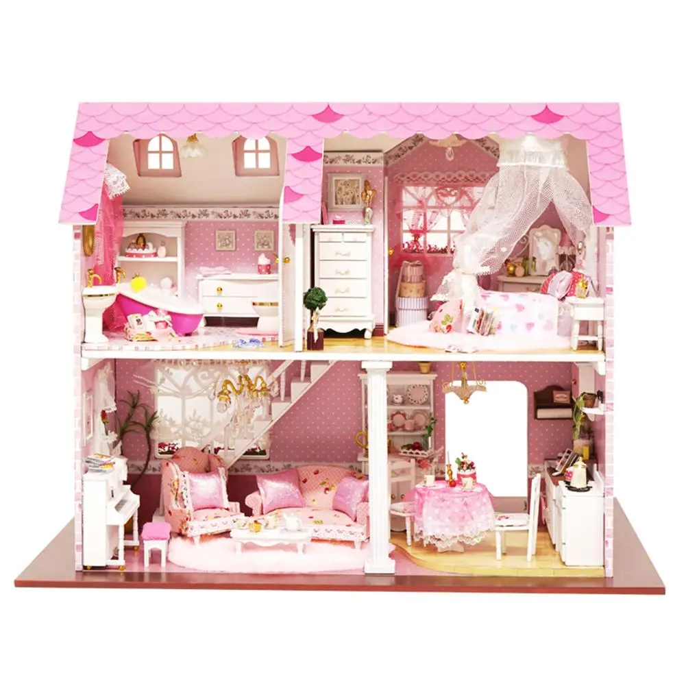 New DIY Doll House 3D Wooden Doll Houses Miniature Dollhouse Furniture Kit Casa with LED Toys 5