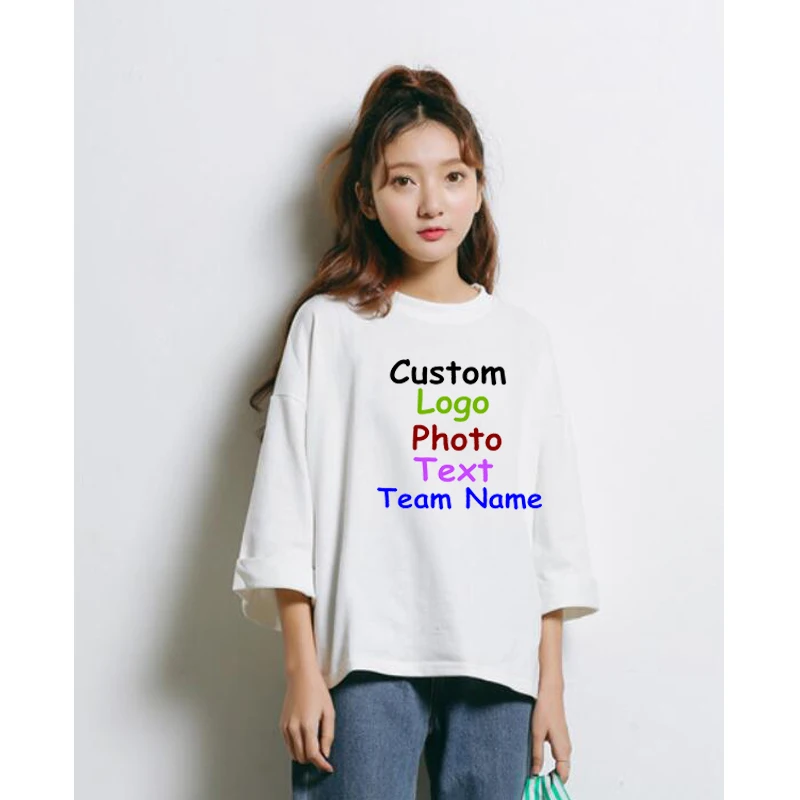 Women Lady Oversize Three-quarter sleeve cotton shirt custom logo Personal design Brand Printed Customized Text Photo | Женская одежда