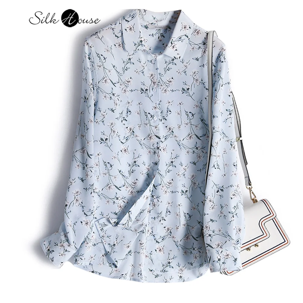 

Simple Basic Silk Shirt Women's Mulberry Silk Ol Wind Broken Flower Small Shirt Foreign Style Top Fall 2020 NEW