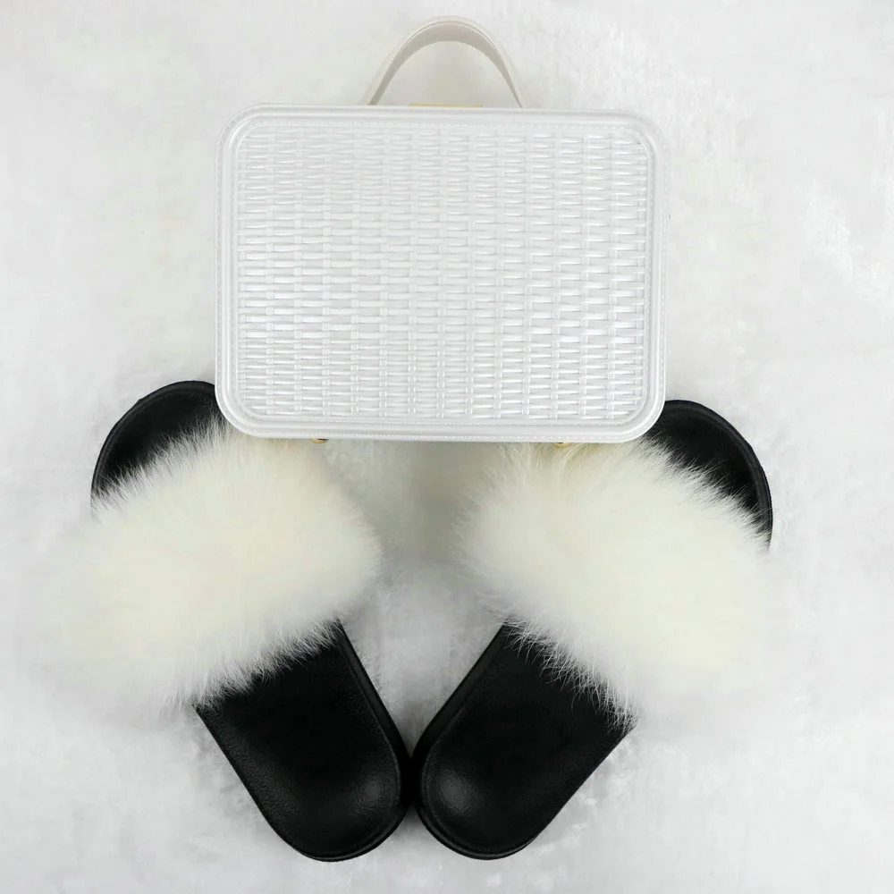 New Fashion Real Fox Fur Slippers for Women Customzed Plush Fur Slides Solid Color Female Hand Bags Sets