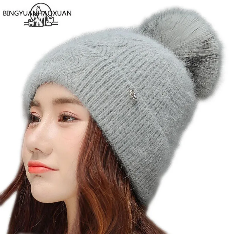 

BINGYUANHAOXUAN Rabbit Fur Knitted Hat Cap Winter Women's Hat Warm Wool Beanie Hairball Hat Outdoor Sport Skullies Beanies Gorro