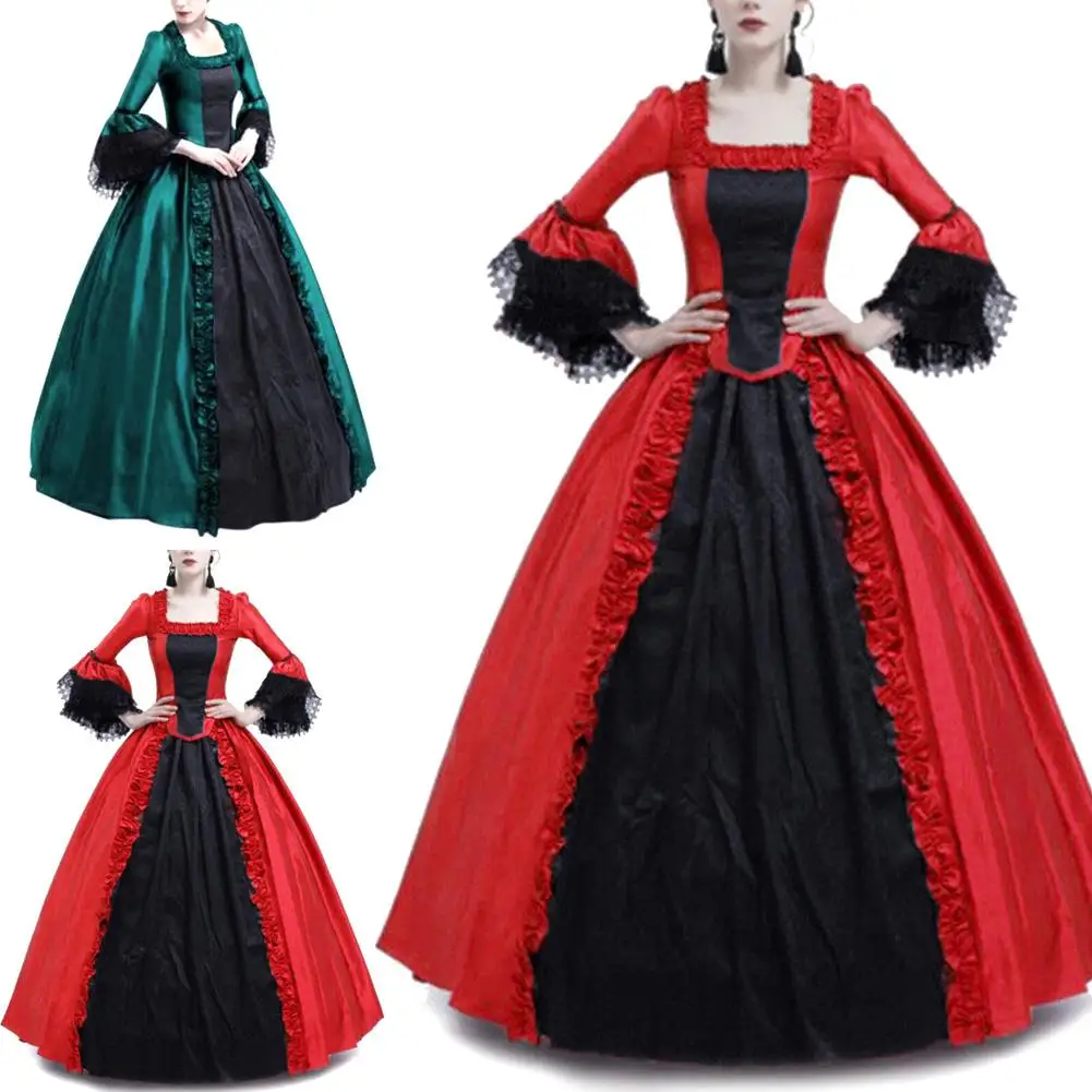 

Plus Size Dress Women Christmas Lace Patchwork Trumpet Sleeve Medieval Court Dress Party Costume Princess Dress For Cosplay