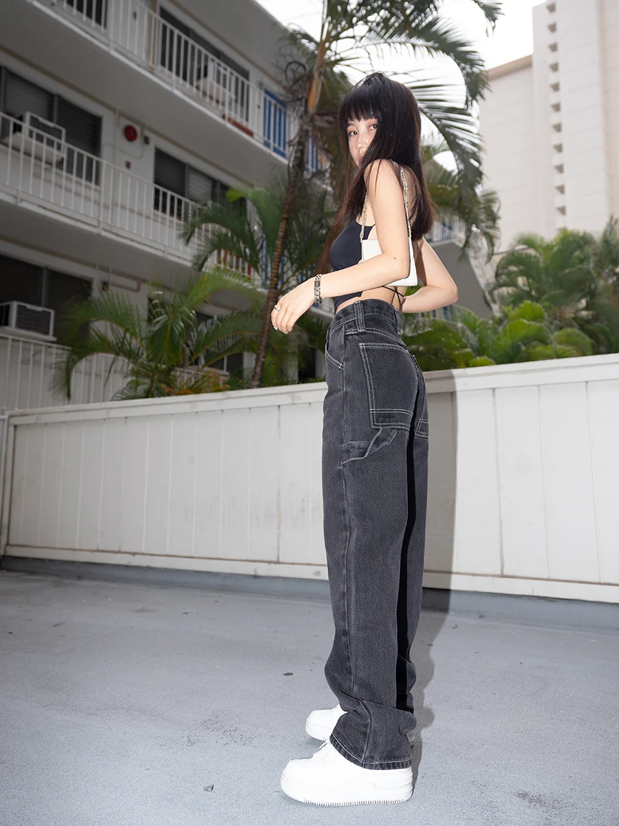 

Leiyu Studio Instgram Streetwear loose pants bib overall Jeans Greyish High-Waisted Straight Jeans Greyish