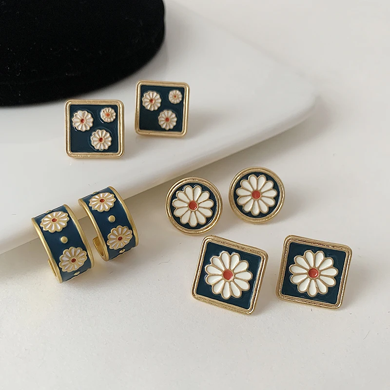 Fashion Cute Vintage Flower Enamel Square Round Glaze Hoop Earrings For Women Fashion Boucle d'oreille Brincos Jewelry