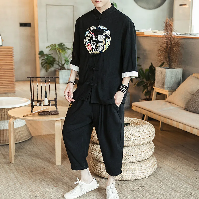 

Chinese-style Summer Embroidered Cotton Linen Frog Chinese Clothing Set Japanese-style Short Sleeve Retro Capri Pants Men's