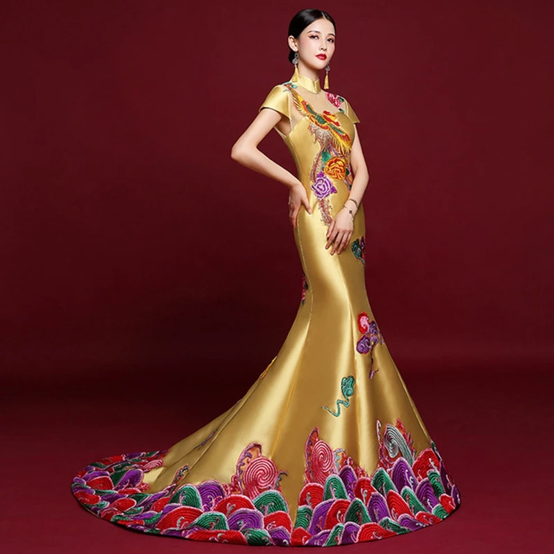 Ципао для подиума традиционная китайская вышивка cheongsam большой сценический подиумный костюм облегающая юбка cheongsam