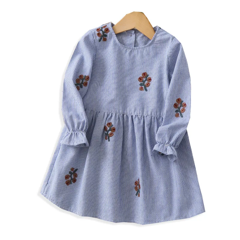 Весенние платья для девочек с вышитыми цветами, в полоску, с длинными рукавами детское платье принцессы