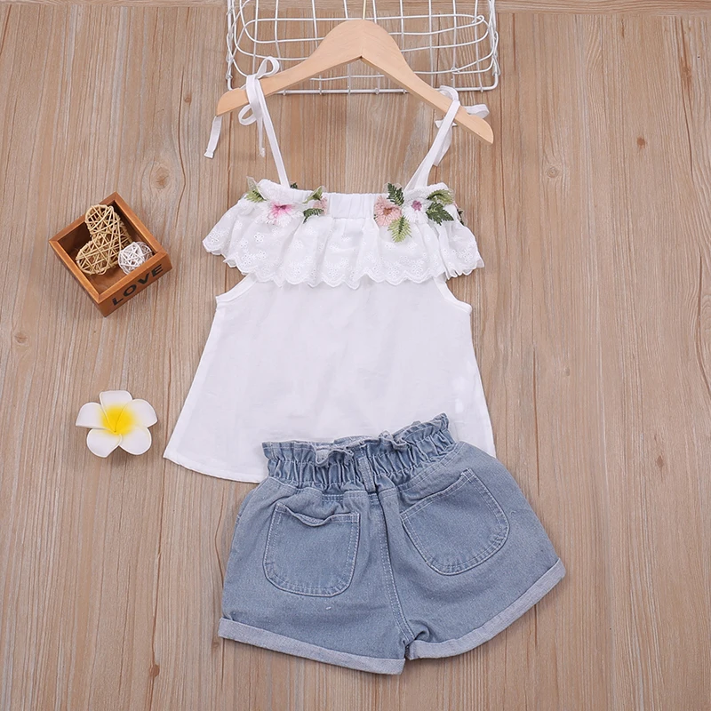 Sling Top+Denim Shorts Clothing Sets Children's Girls Clothing 2Pcs