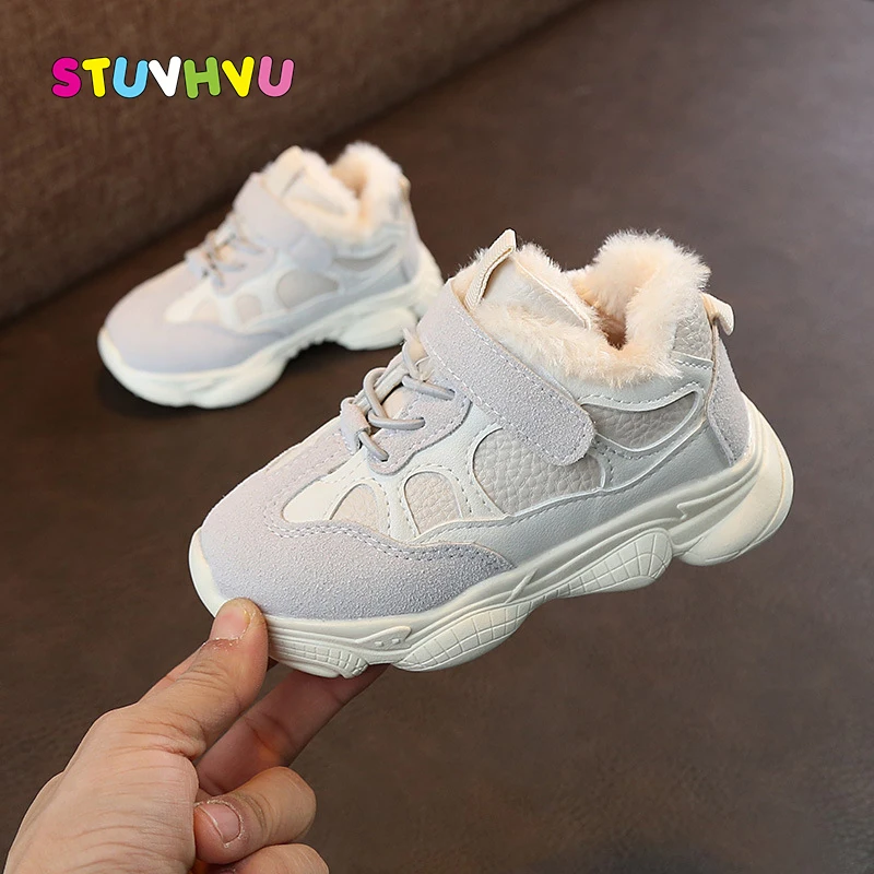 

Children's Cotton Shoes Boys Sneakers 2019 Winter New Baby Toddler Girls Running Shoes Leather Plus Velvet Warm Kids Sport Shoes