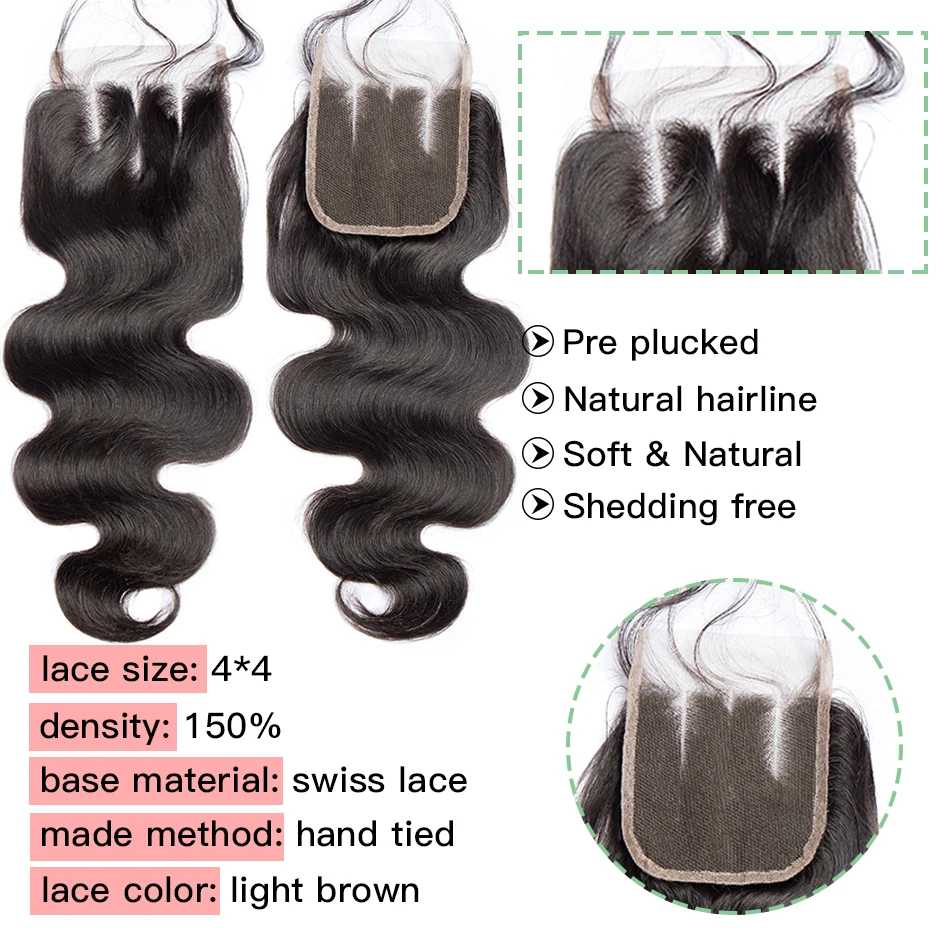 VIPBEAUTY Malaysian Hair 4 Body Wave Bundles with Closure Natural Color M Remy Human Hair Bundles with Closure 8-28 inch