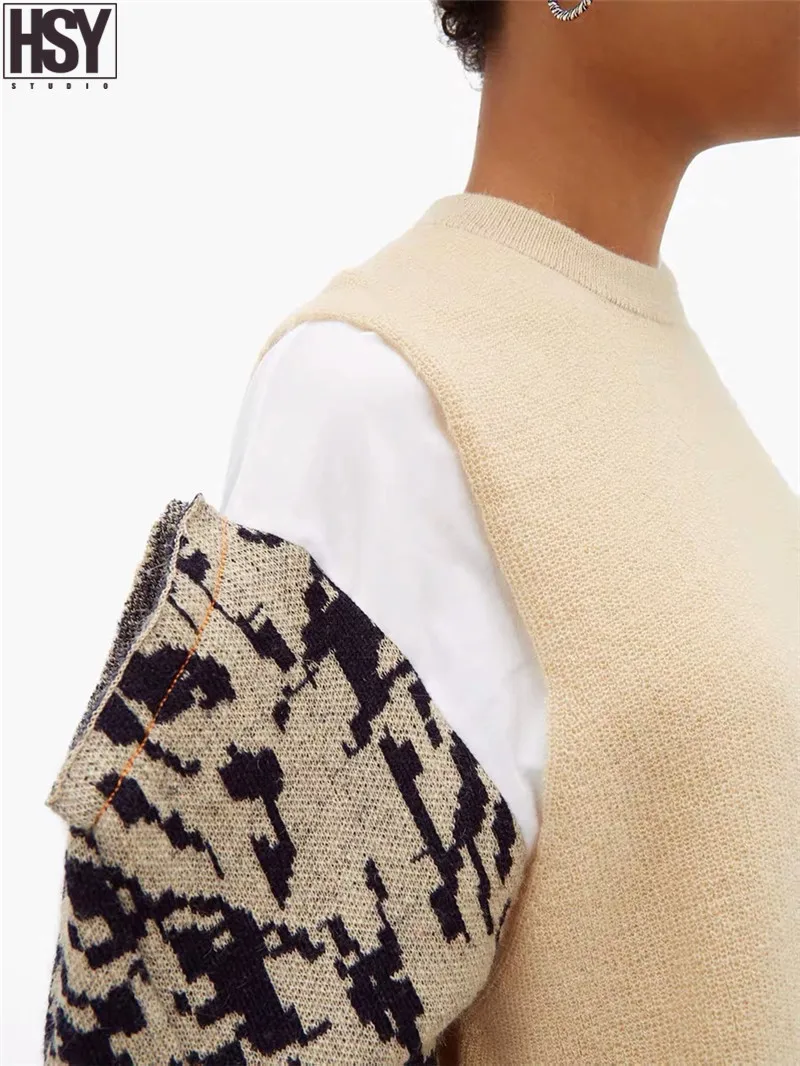 【HSY】 Осень Зима женский дизайнерский Леопардовый жаккардовый пуловер с пышными рукавами 2 шт. бархатный пуловер вязаный свитер