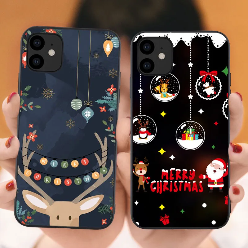 

Merry Christmas Cute Santa Claus elk Snowman New Year Soft Black Cover For iPhone 11 12Pro Max SE XR XS Max 6 6S 7 8 Plus X Case