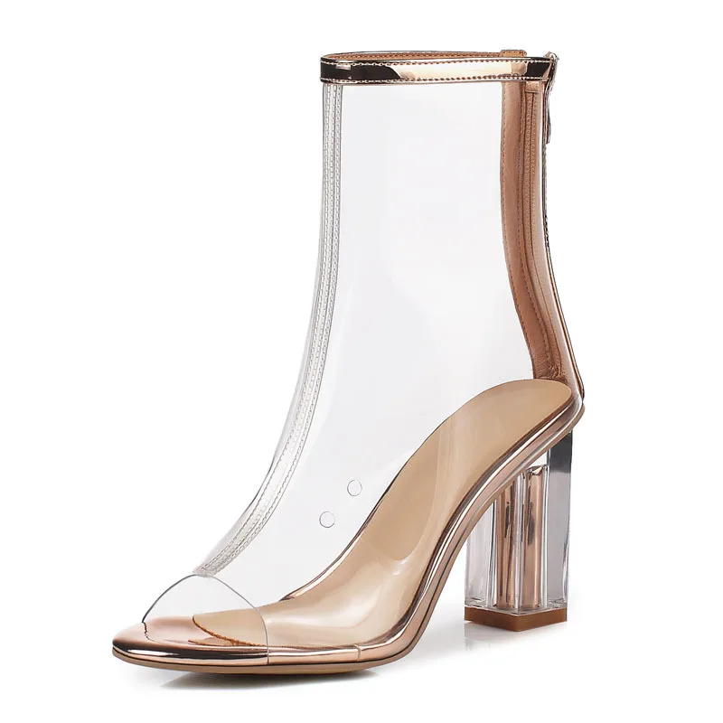 

Sexy Golden Peep Toe Transparent Sandals Fashion Crystal Strange Style High Heels Leisure Back Zipper Shoes For Women Botas