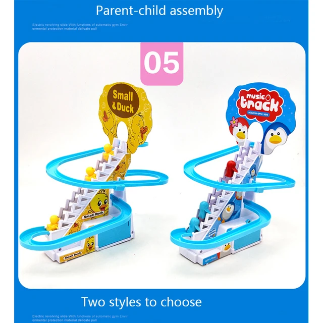New Electric Duck Climbing Stairs Track Toys Cartoon Train Duck For Children Electronic Music Kids Funny Birthday Gift 3