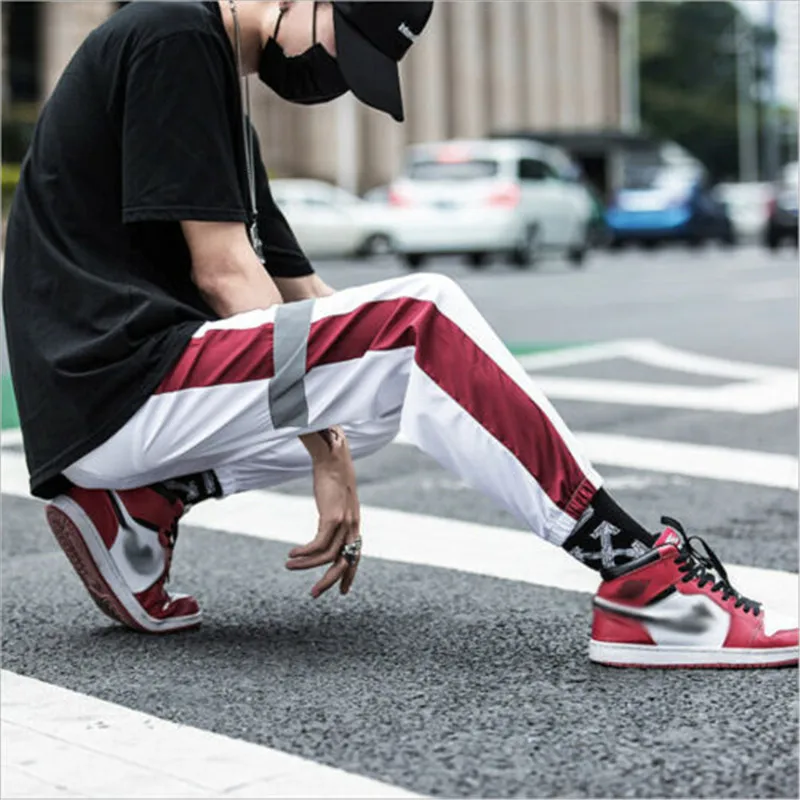 Hirigin Side Stripe Track Hip Pop Men s Long Patchwork Reflective Track Pants Joggers Elastic Waist 2