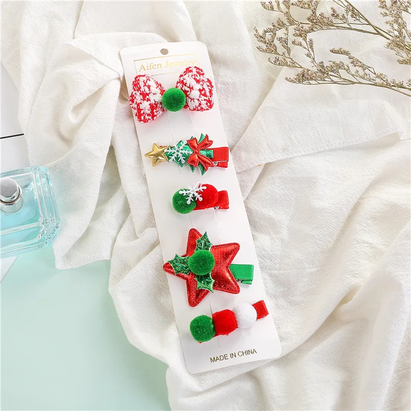 5pcs New Girls Christmas Hair Clips Lovely Santa Reindeer Bow Barrettes Headwear Kids Xmas Gifts Hair Accessories