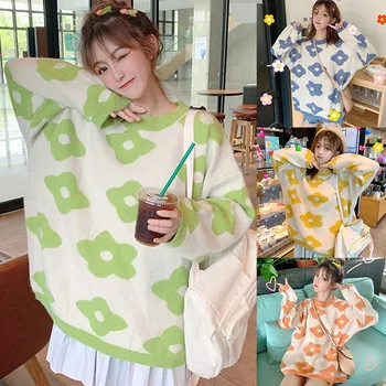 

Women Korean Style Floral Pattern Knitted Pullover Sweater Kawaii Gril Autumn Warm Clothes Knitwear Jumpers