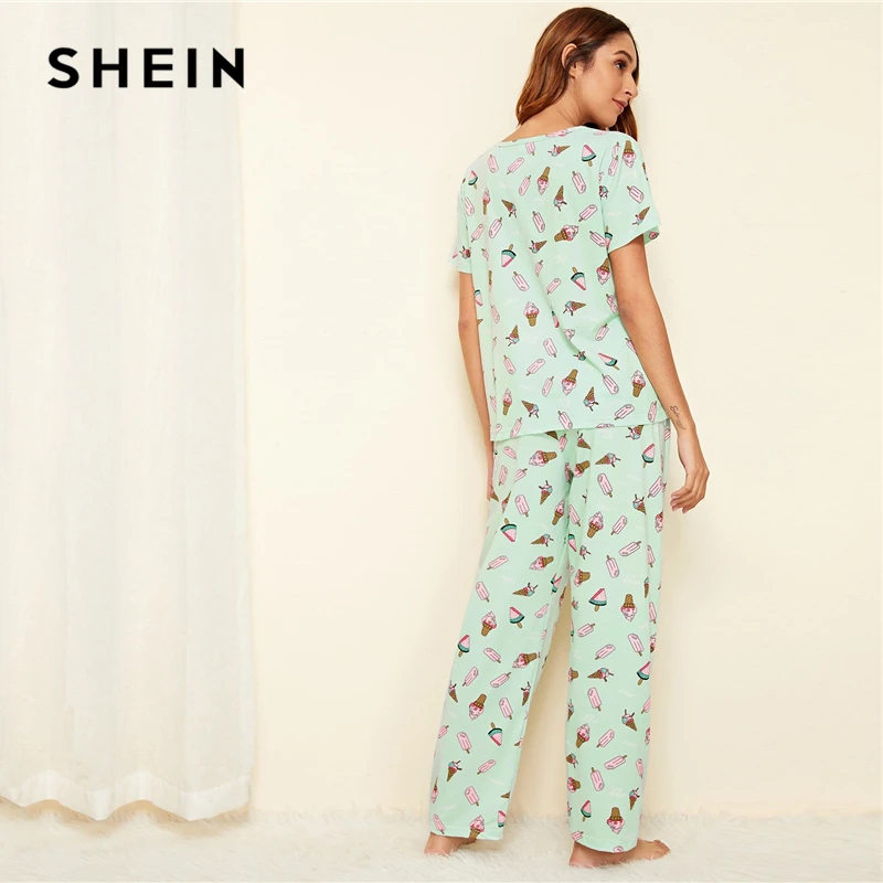 Goede SHEIN Groen Ijs Print Pyjama Set Toevallige Korte Mouwen Lange Broek Pyjama Set Vrouwen Zomer Dames Nachtkleding Pyjama Sets