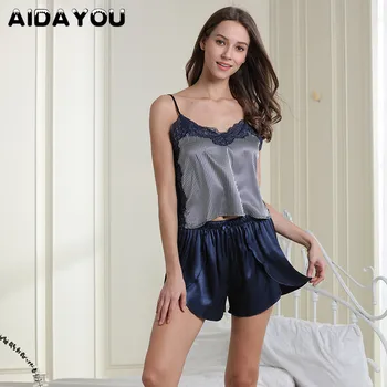 

Summer V Neck Sexy Pajamas Womens Stripe Printing Night Suits Satin Silk Pjs Suit Short Sling + Shorts Homewear Sets ouc599