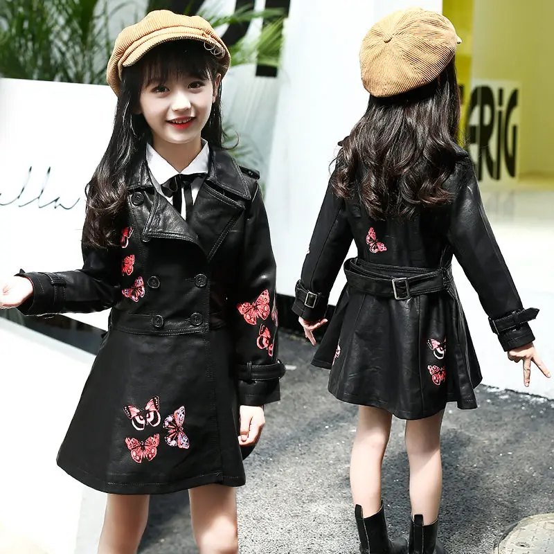 Длинная стильная куртка из искусственной кожи для девочек, двубортная кожаная куртка с бабочками для детей, осенне-зимняя верхняя одежда принцессы для детей от 5 до 13 лет
