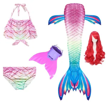 

New 5PCS/Set Kids Girls Mermaid Tails For Swimming Fin Swimsuit Bathing Suit Tail Mermaid Wig for Girls Costume Flipper Monofin