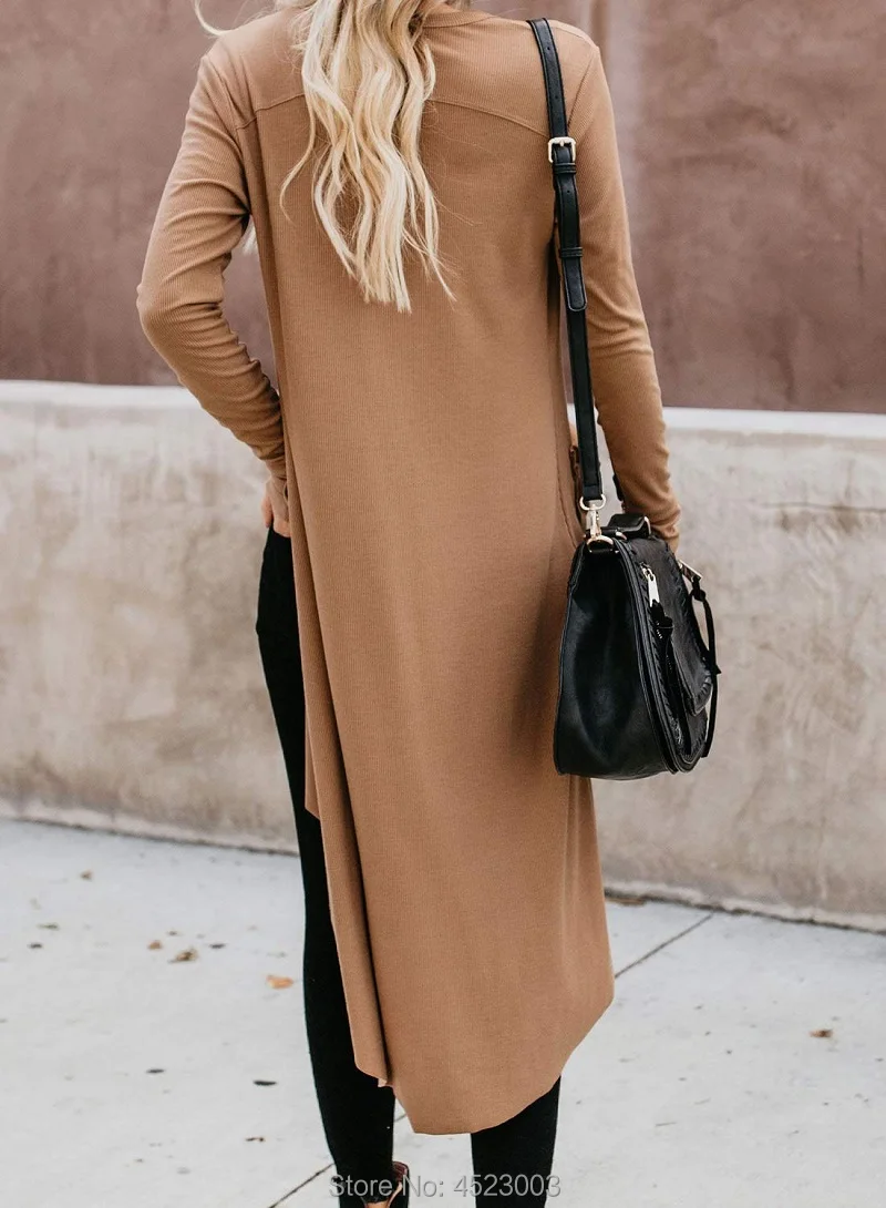 Женская трикотажная пуговица с длинными рукавами, вязаный в рубчик кардиган с карманом, верхняя одежда, топы