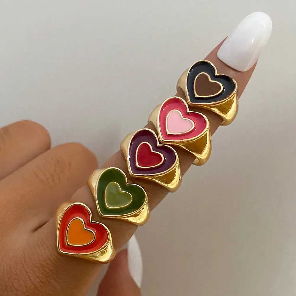 Finger Ring Sparkling Heart Ring Creative Cute Colorful Double Layer Love Heart Ring Vintage Drop Oil Metal Heart Rings For Women Girls Fashion Jewelry