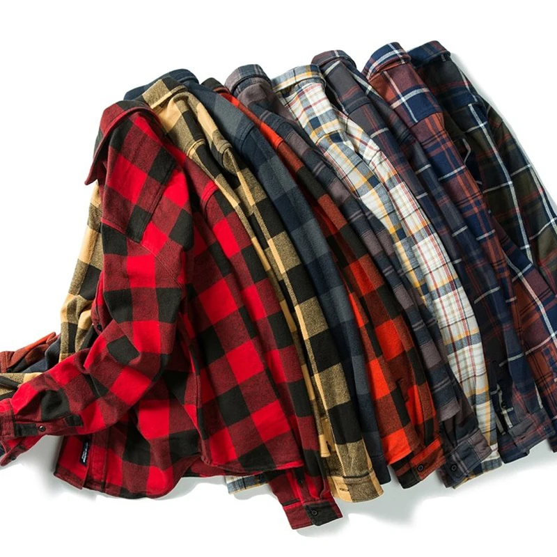 Jackets Flannel Shirt Black White Green Checked Plaid Fashion European Thick Unisex Brushed