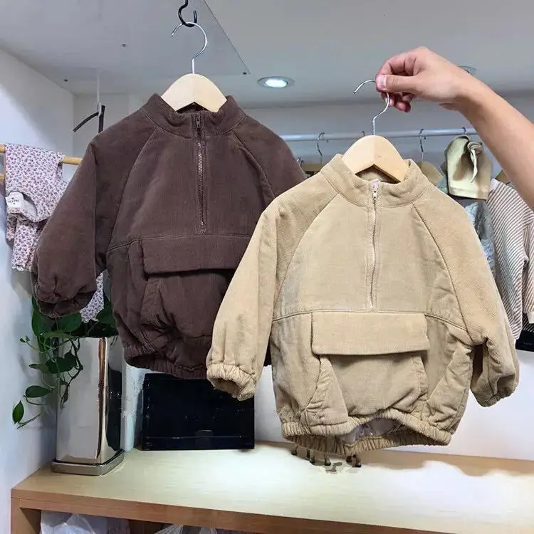 Children Winter Style Cotton-padded Clothes han ban Retro Even Pocket Corduroy Pullover plus Cotton Coat Half-Open Zipper Pullov