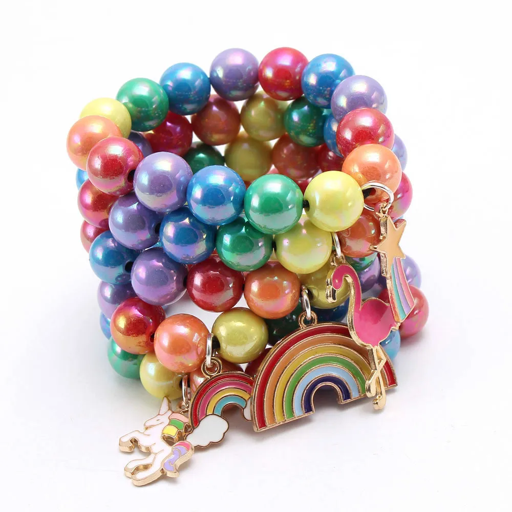 Bracelets de perles acryliques de couleur arc-en-ciel avec pendentif en alliage enfants/filles/enfants bricolage Bracelet de perles cadeau d'anniversaire de mode