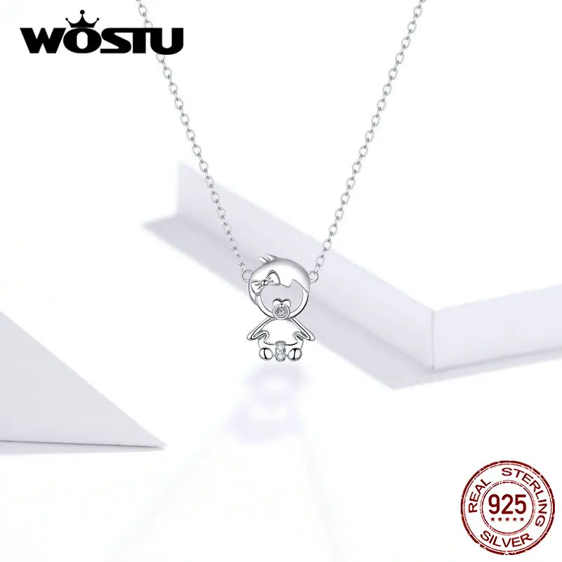 WOSTU, настоящее 925 пробы, серебряное милое ожерелье для девочек, длинная цепочка для женщин, девочек, малышей, детей, ожерелье, модное ювелирное изделие, FIN368