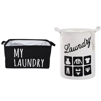 

2 pcs New My Laundry Polyester Cotton Laundry Basket Storage Basket Clothing Debris Storage Box, Black+White & White