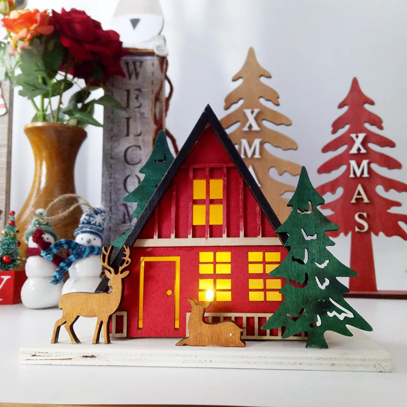 Santa Claus Elk Red Wooden Christmas town Led Light Snow House Decoration Noel Village Accessories Gifts Glow in the dark |