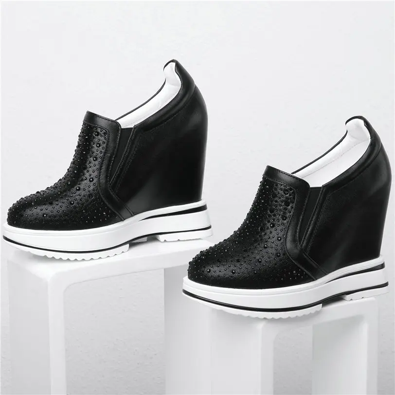 Trainers Shoes Women Genuine Leather Wedges Platform Ankle Boots Round Toe High Heel Rhinestones Pumps Punk Goth Creepers Shoes