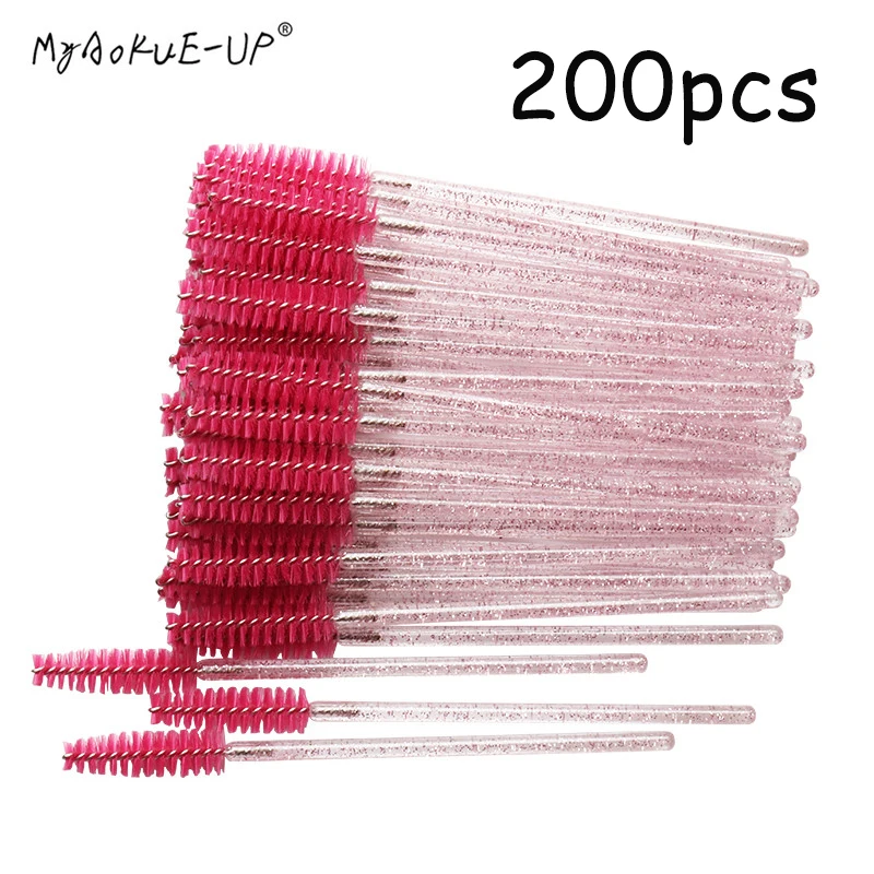 200pcs 200 шт./лот, одноразовая нейлоновая тушь для ресниц, палочка, аппликатор, кристальная ручка, кисть для ресниц, для наращивания ресниц, инструменты для макияжа, розовые кисти - Handle Color: 200pcs