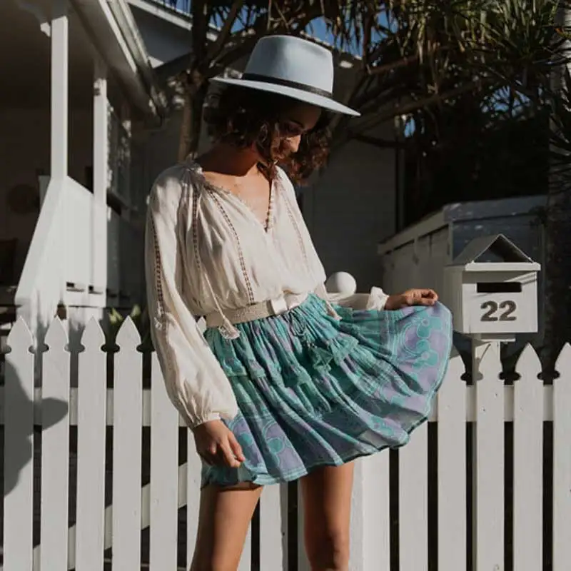 Богемный вдохновленный синий цветочный мини-юбка женская эластичная талия бохо