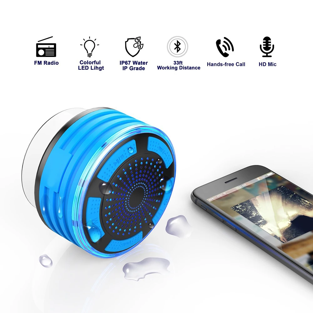 Waterproof Shower Speaker Radio Wireless Bluetooth 4.0 Music Player Built-In FM Channel With Colorful Light Audio Accessories