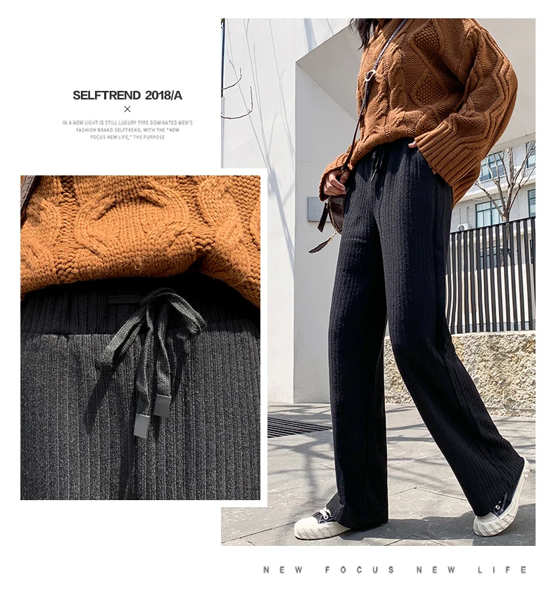 Genayooa Plus Size Knitting Wide Leg Pants Casual Woman Trousers Winter Streetwear Elastic Wear Pants Big Size Trousers